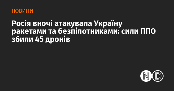 Вночі Росія здійснила ракетний та безпілотний напад на Україну: сили протиповітряної оборони знищили 45 ворожих дронів.