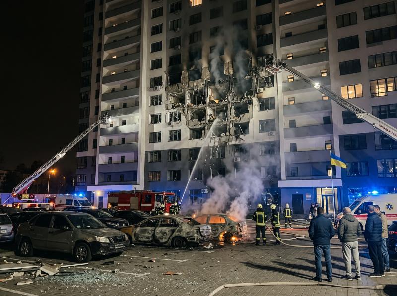 Російський безпілотник вдарив по 25-поверховому житловому будинку в Києві: чотири людини зазнали поранень, автомобілі загорілися.